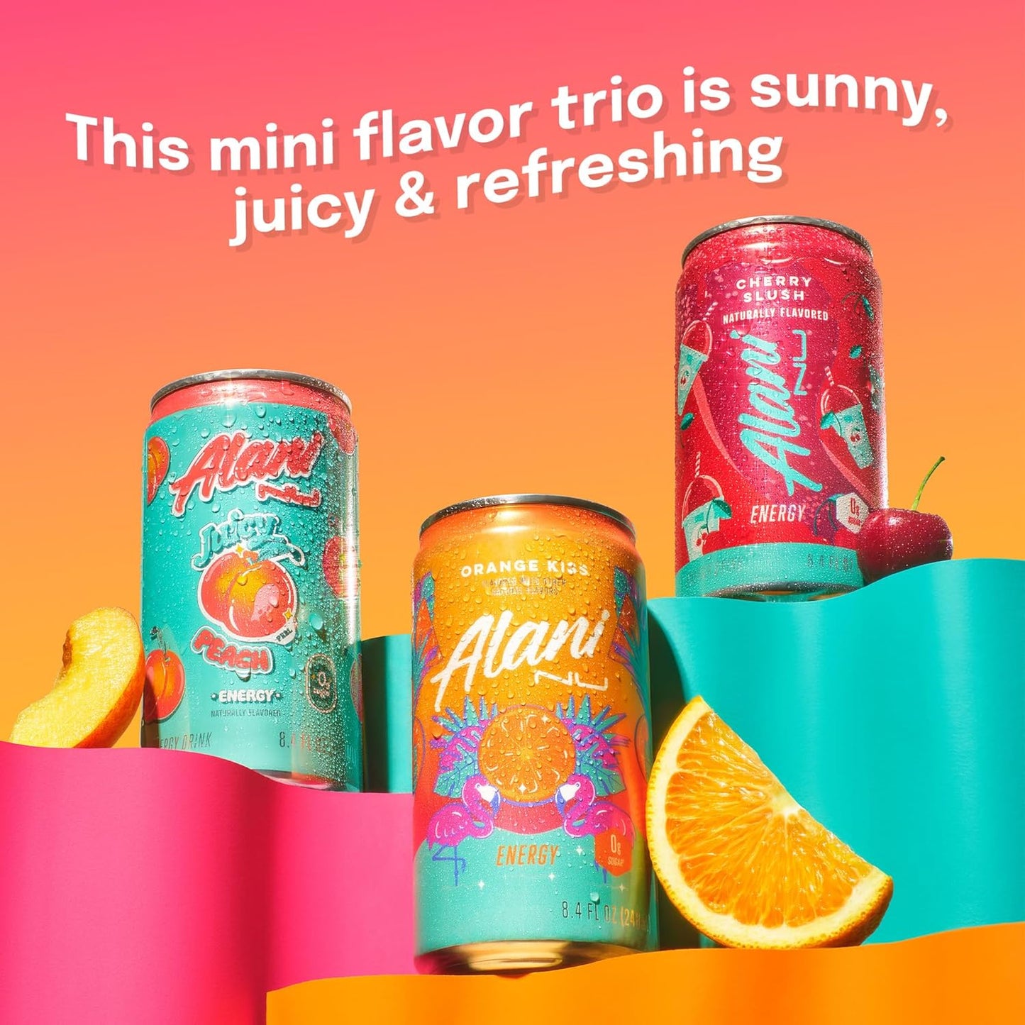 Alani Nu Variety Pack (Cherry Smoothie, Juicy Peach, Orange Kisses), 8 fl oz Cans, 12 Count