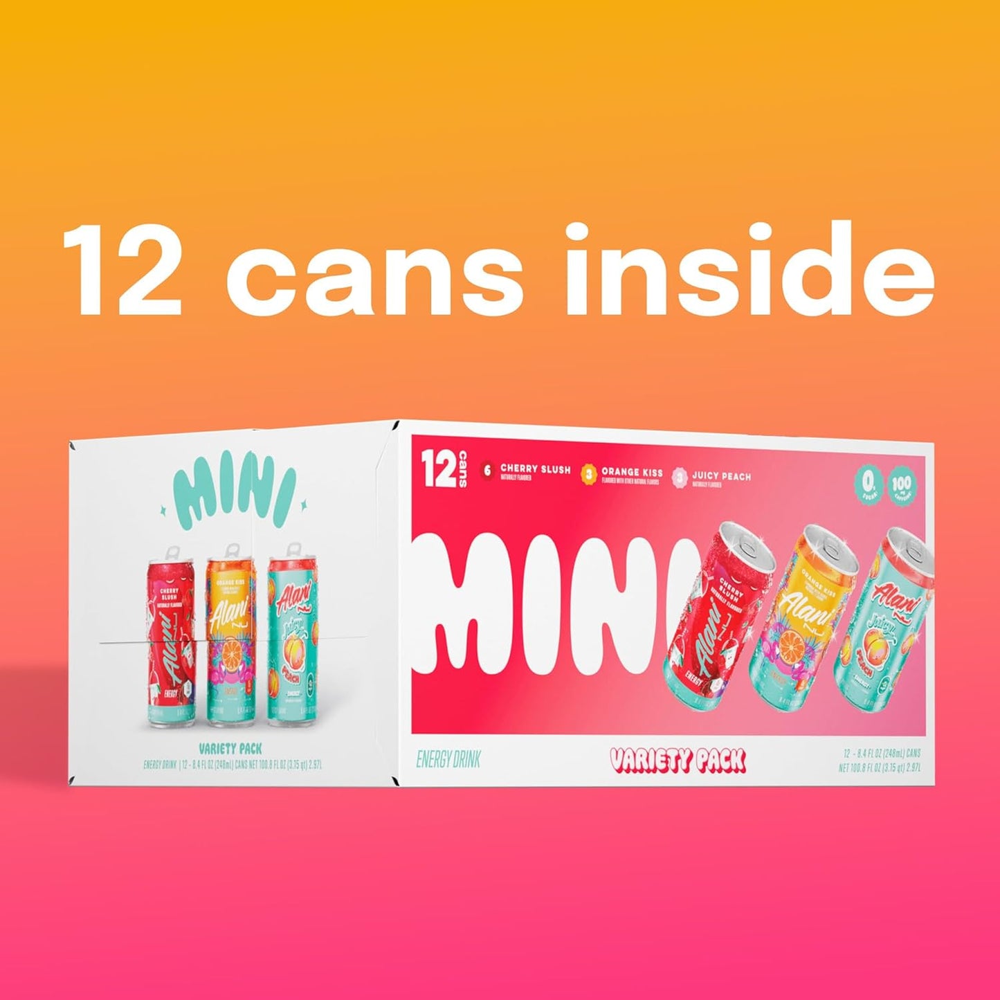 Alani Nu Variety Pack (Cherry Smoothie, Juicy Peach, Orange Kisses), 8 fl oz Cans, 12 Count