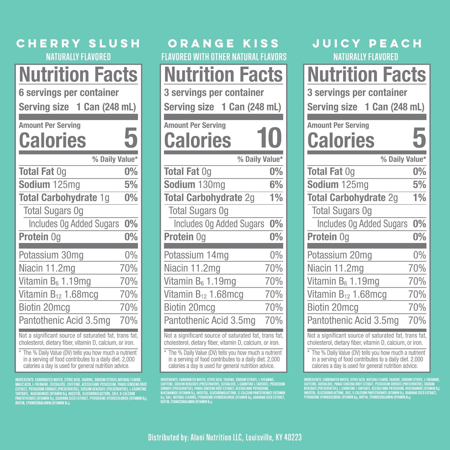Alani Nu Variety Pack (Cherry Smoothie, Juicy Peach, Orange Kisses), 8 fl oz Cans, 12 Count