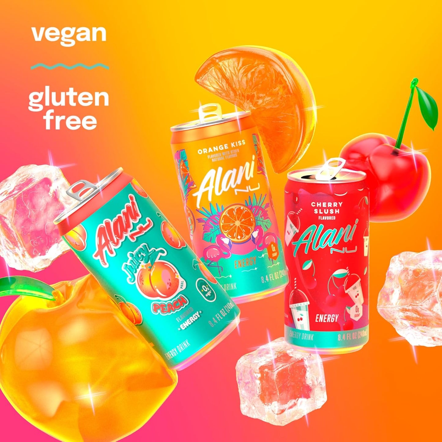 Alani Nu Variety Pack (Cherry Smoothie, Juicy Peach, Orange Kisses), 8 fl oz Cans, 12 Count